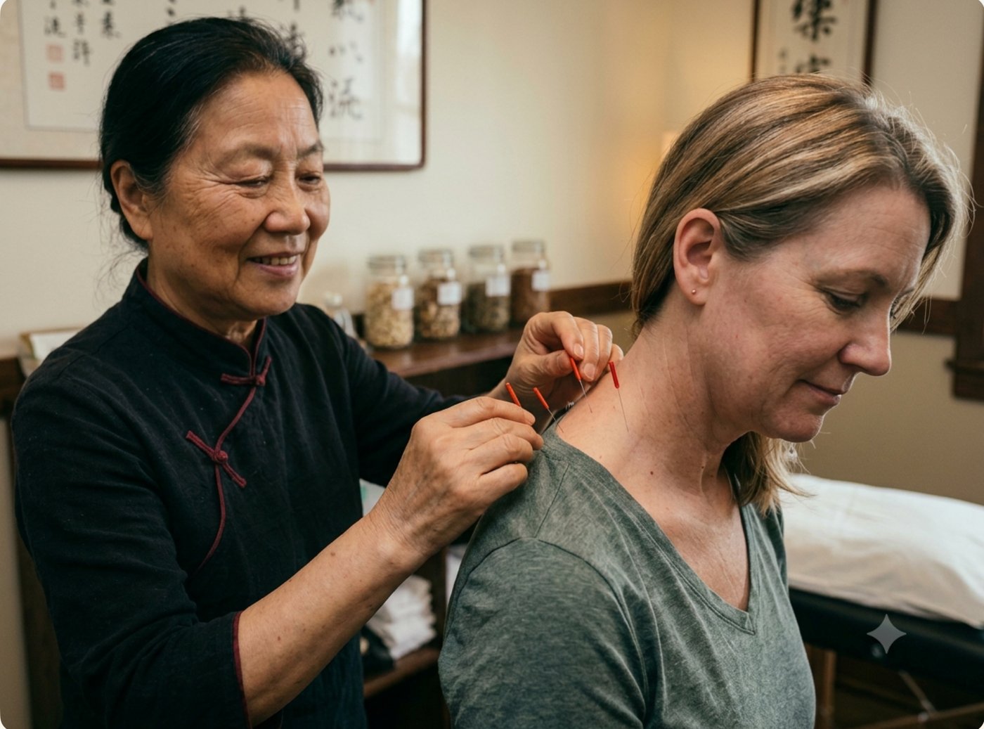 A guest taking part in an acupuncture experience with a practitioner